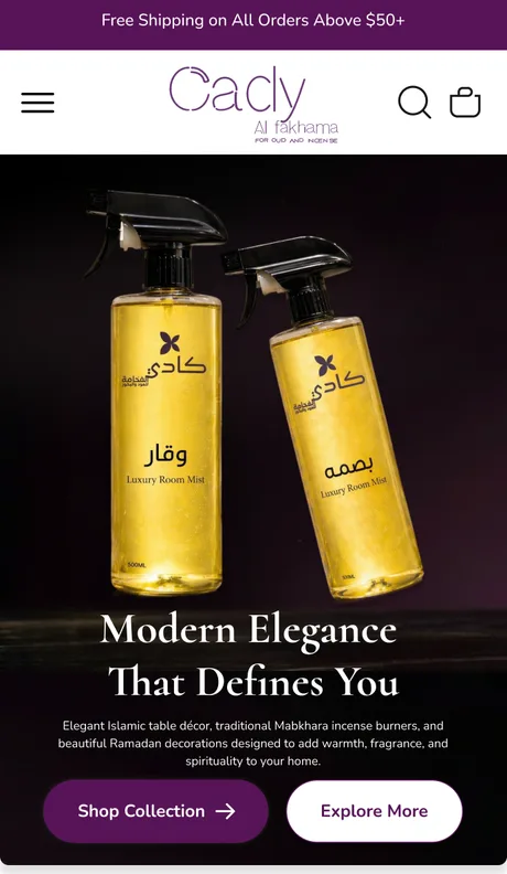 Cady Al Fakhama home page showing luxury room mists