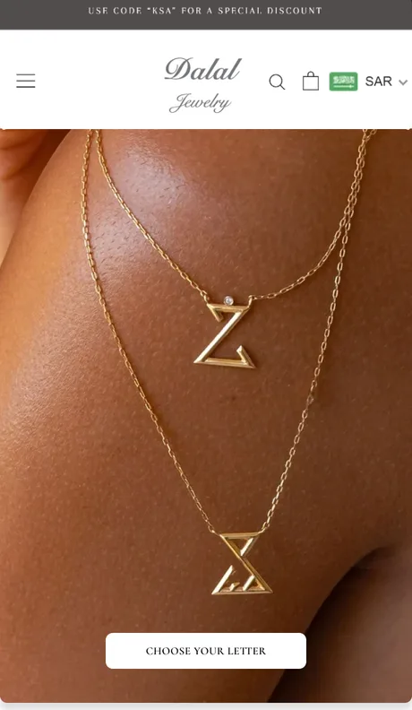 Dalal Jewelry collection page with a letter necklace configurator