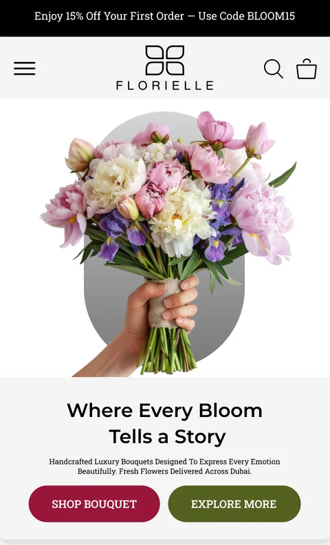 Florielle home page showing a luxury bouquet